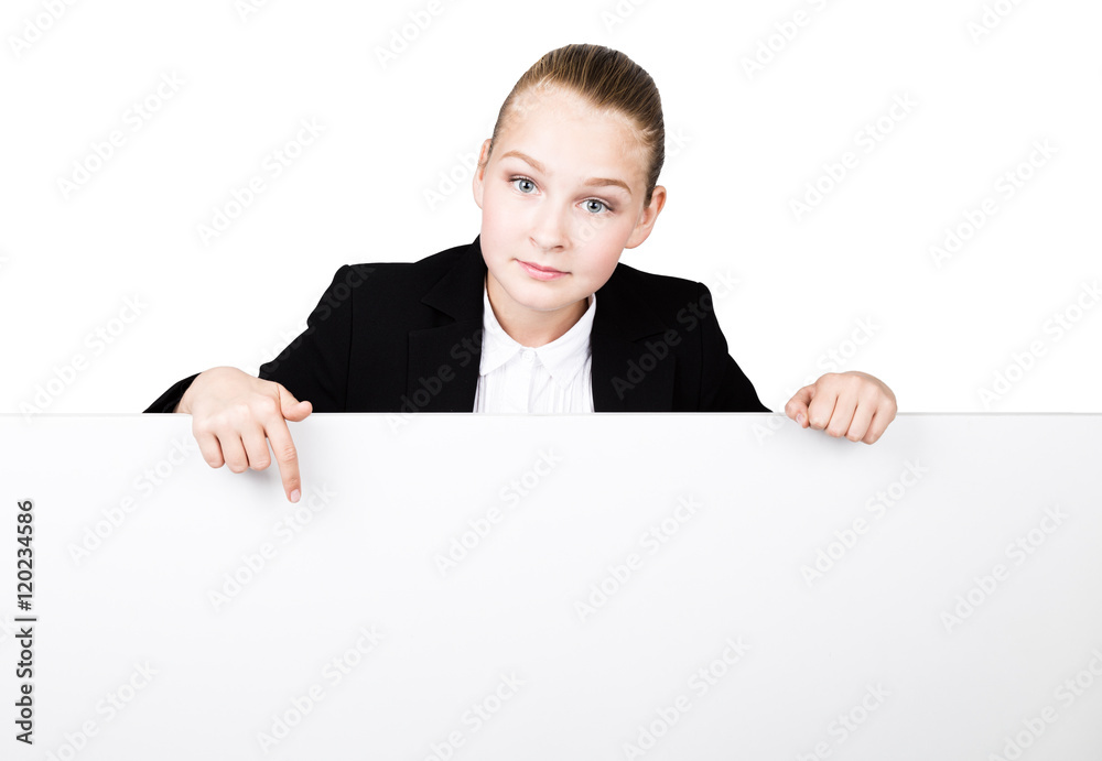 Little business woman standing behind and leaning on a white blank billboard or placard, expresses different. shows a finger on a placard Little business woman standing behind and leaning on a white blank billboard or placard, expresses different. shows a finger on a placard