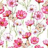 Hand-drawn watercolor seamless pattern with pink and white kosmea flowers with butterflies. Colorful chamomile blossom on the repeated print for the textile, wallpapers etc. Spring background