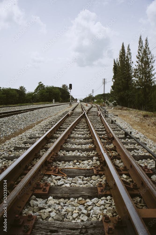 the junction of railway with green tree at left and right side of railway.filtered image