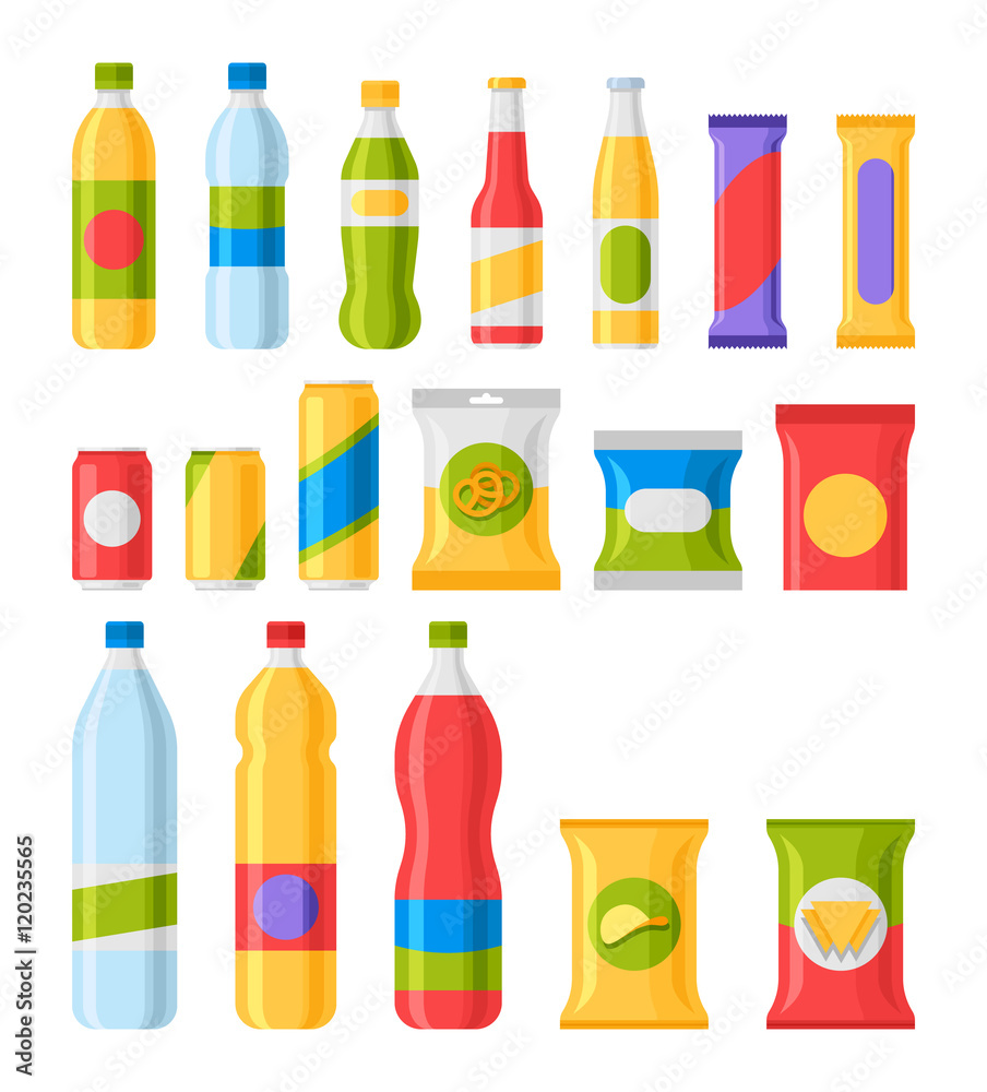 Fast food snacks and drinks flat vector icons. Fast food snacks and drinks flat vector icons.