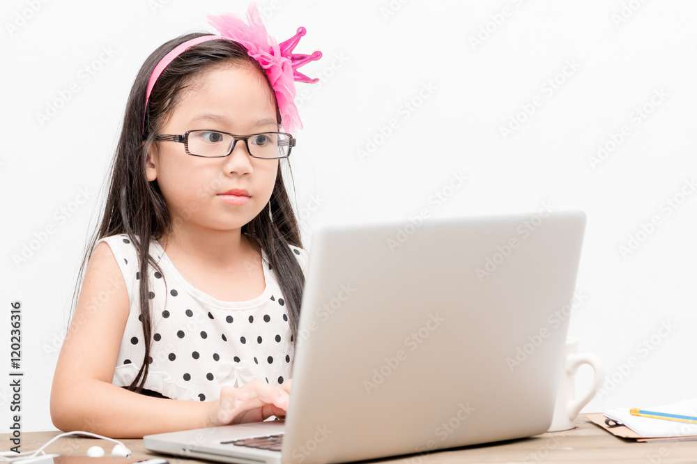 cute girl play computer on white background cute girl play computer on white background