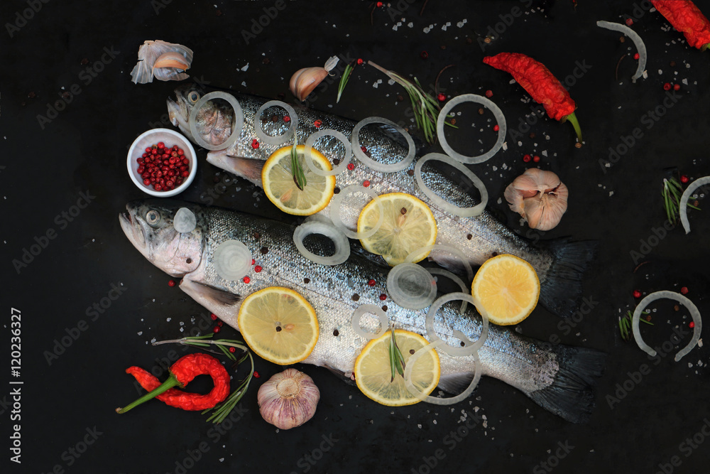Raw trout, chili, lemon, onions and rosemary on black. Raw trout, chili, lemon, onions and rosemary on black.