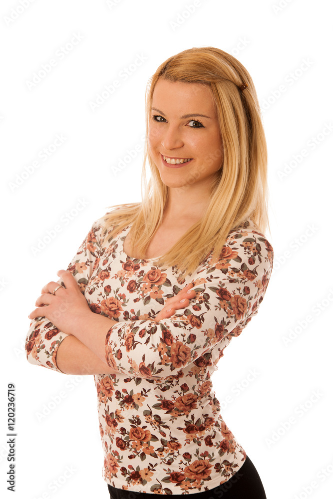 Cute blond woman standing with crossed arms isolated over white Cute blond woman standing with crossed arms isolated over white