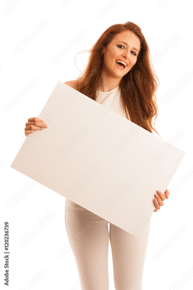 Sign board. Woman holding big white blank card. Positive emotion Sign board. Woman holding big white blank card. Positive emotion