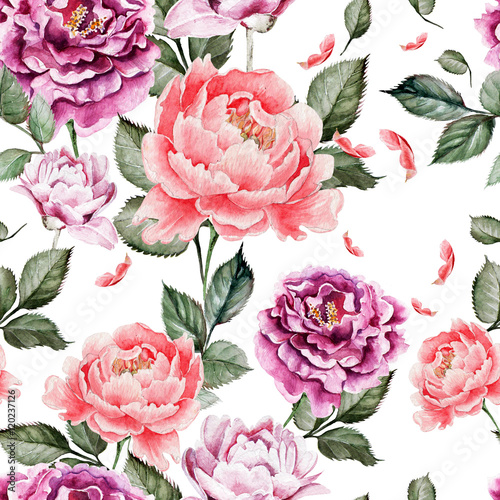 Watercolor pattern with peony flowers. Illustration