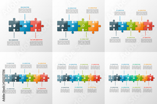 Set of vector puzzle style timeline infographic templates with of 3-8 steps, options, parts, processes. Business concept for graphs, charts, diagrams. Vector illustration.