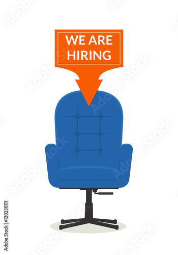 Hiring workers. Office chair with a banner We are hiring. Recruiting staff. HR management. Concept business banner the employer conducts recruitment. Isolated vector illustration in the flat style.