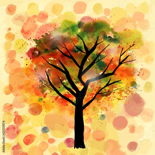 Vector and watercolor autumn tree card, freehand drawing