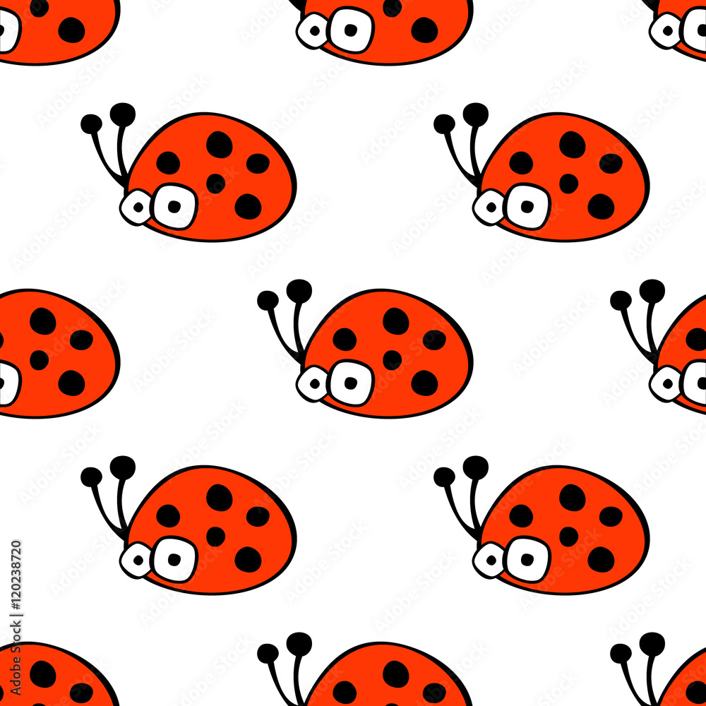 Fototapeta premium Seamless vector pattern with insect. Cute hand drawn endless background with childish ladybugs. Series of childish seamless patterns, wrapping, cover, fabric.