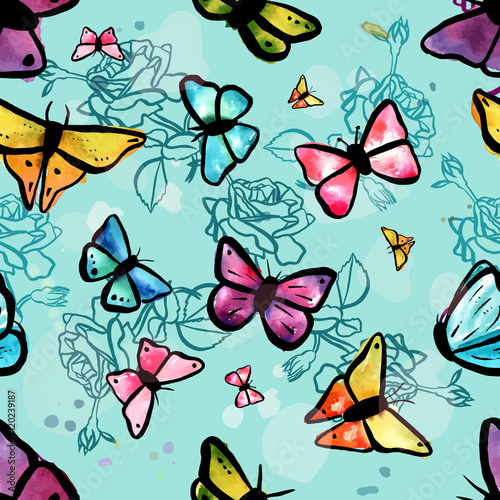Seamless pattern with freehand vector and watercolor butterflies