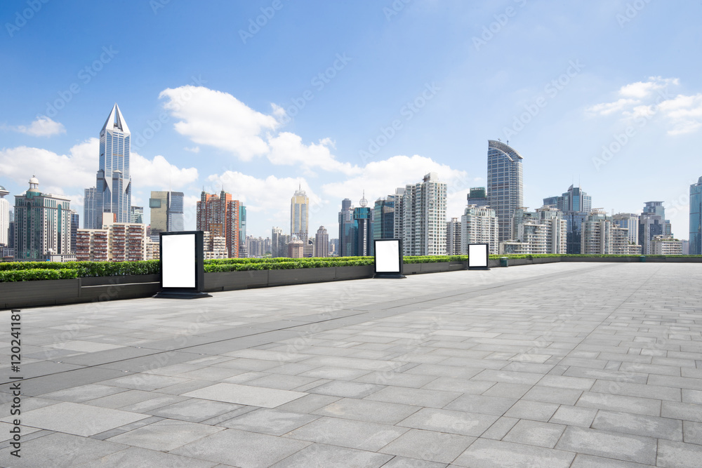 cityscape and skyline of shanghai from empty brick floor cityscape and skyline of shanghai from empty brick floor
