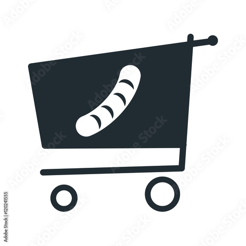 Icono plano hot dog en carro compra sobre fondo blanco