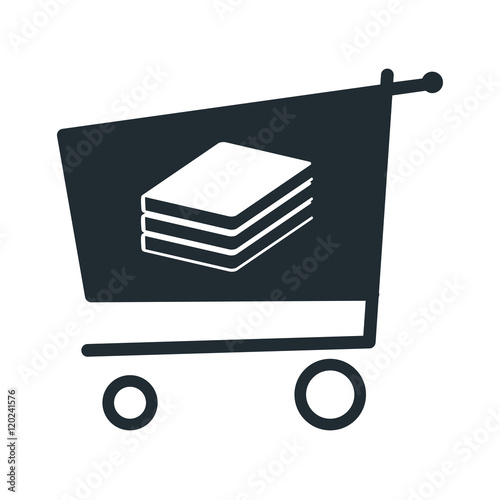 Icono plano libros en carro compra sobre fondo blanco