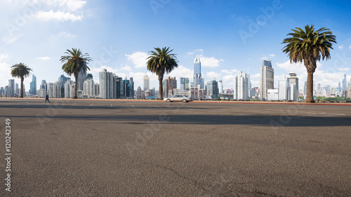 Photography cityscape and skyline of shanghai from empty road