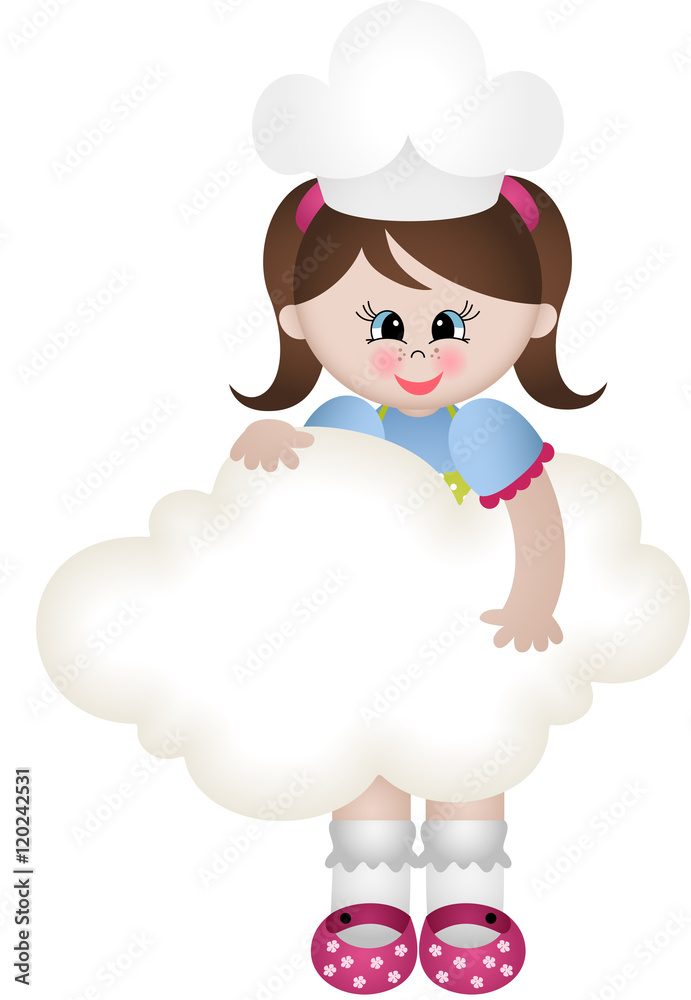 Fototapeta premium Cook girl holding blank cloud 