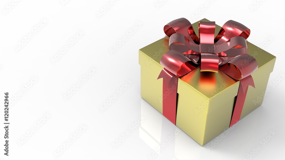 Glittery gold giftbox with red bow on white background. 3D render. Glittery gold giftbox with red bow on white background. 3D render.
