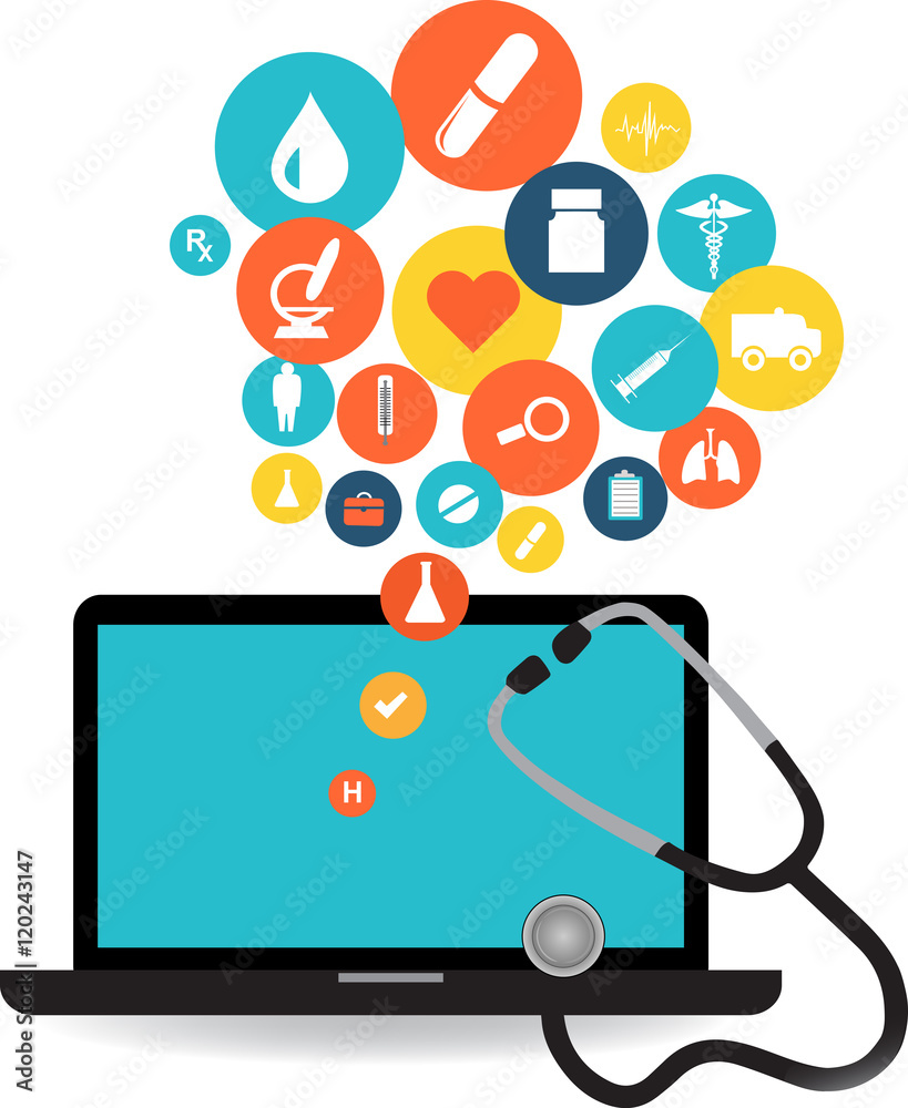 Laptop with Blue screen with colorful medical application icons. Health medical icons collection Laptop with Blue screen with colorful medical application icons. Health medical icons collection