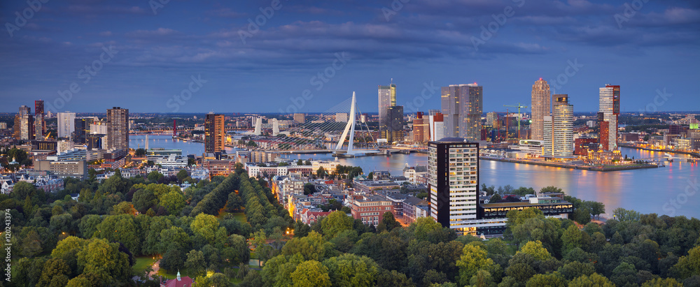 Rotterdam Panorama. Panoramic image of Rotterdam, Netherlands during twilight blue hour.