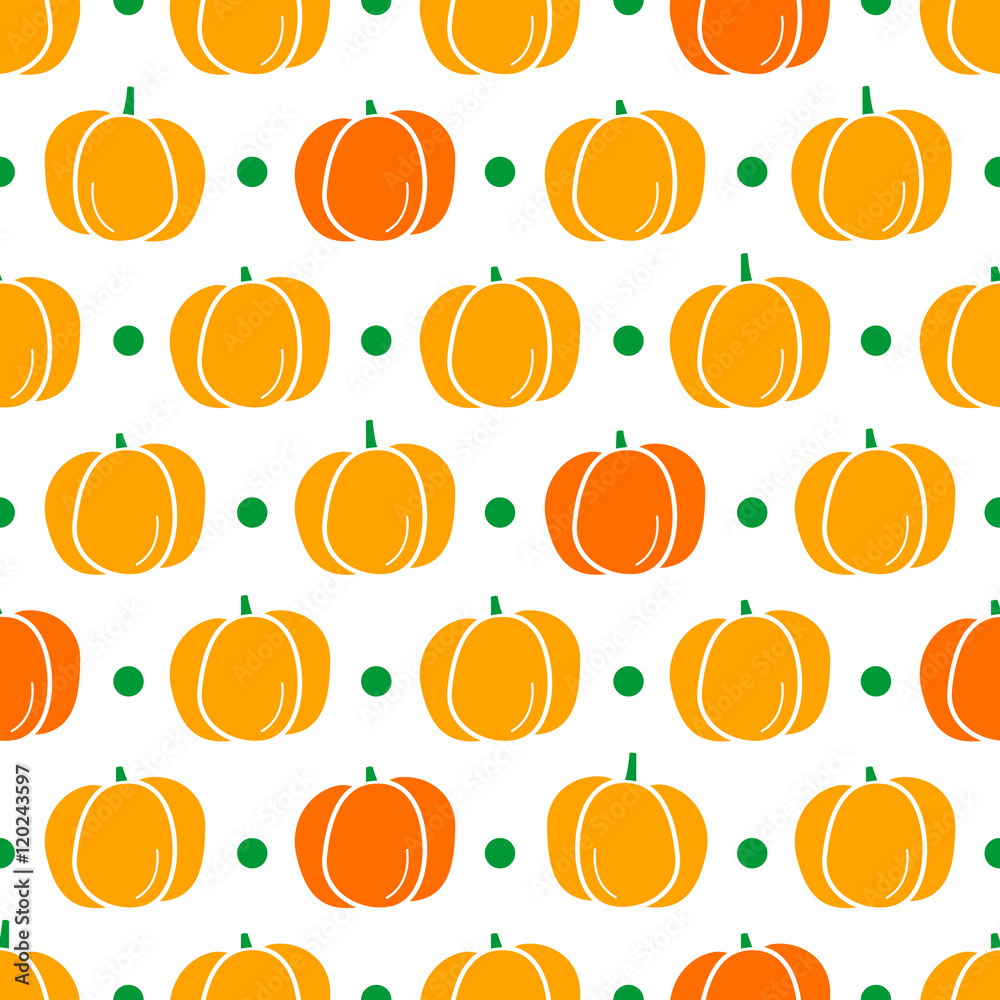 Seamless vector pattern orange pumpkin with green tails and green dots. Background tablecloth.