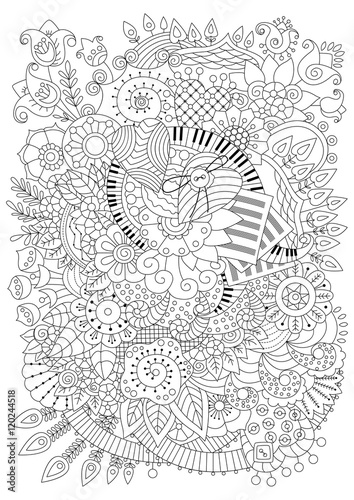 Coloring book for adult and older children. Coloring page with flowers and decorative elements