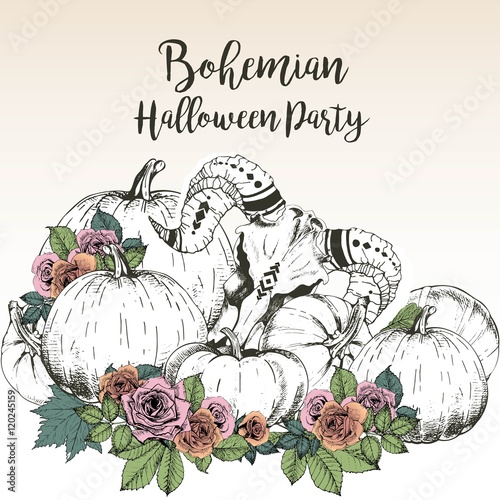 Vector poster for bohemian Halloween party. Goat skull with pumpkins and rose. Decorated with lettering.