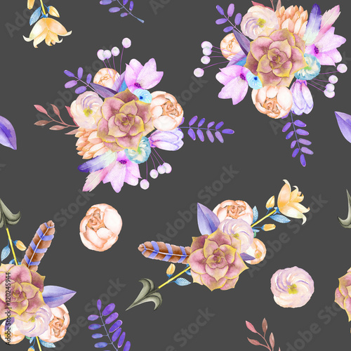 A seamless pattern with purple flowers  leaves  feathers  arrows and branches on a dark background
