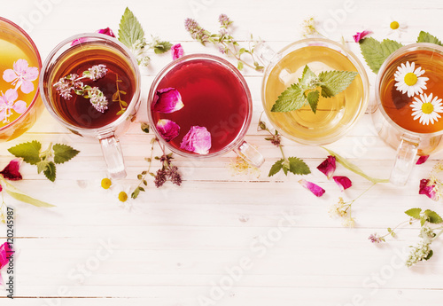 herbal tea on a white wooden background