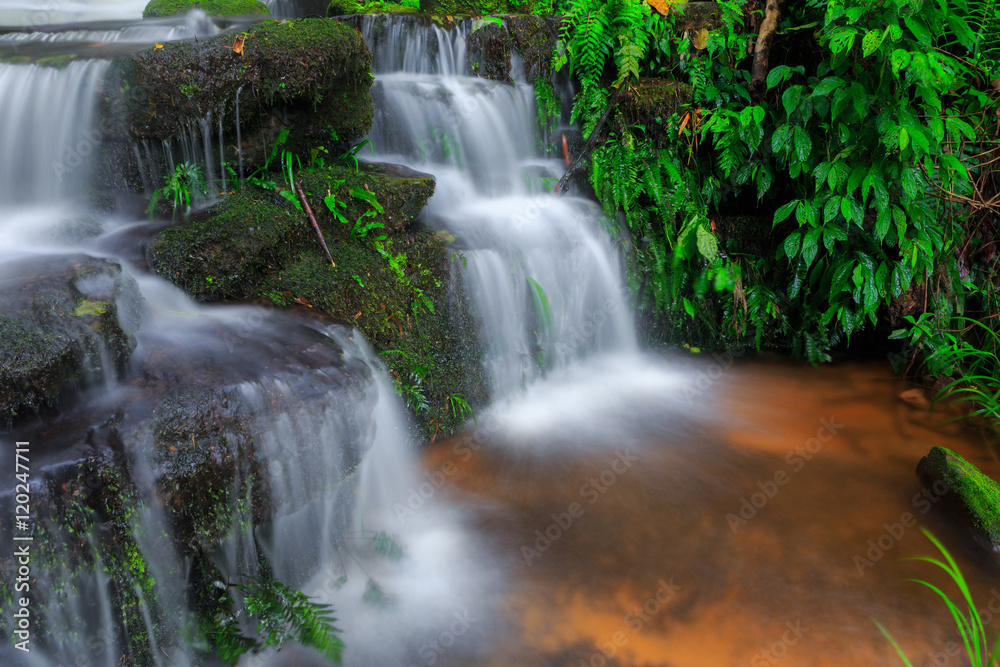 Obraz premium Mun Daeng Waterfall, the beautiful waterfall in deep forest during rainy season at Phu Hin Rong Kla National Park in Thailand