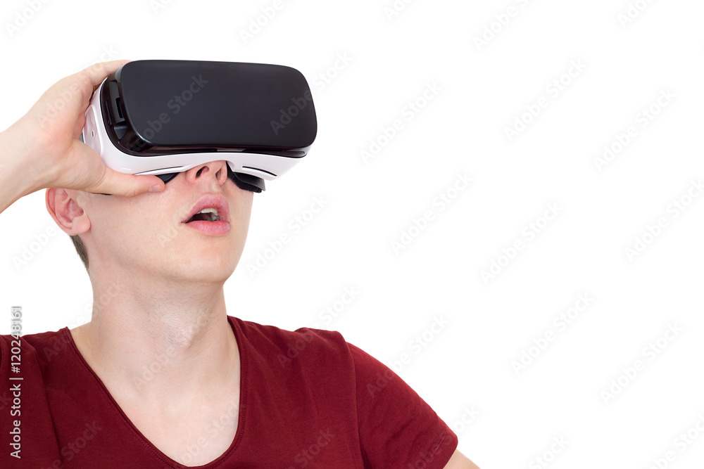 surprised man using smart glasses, isolated surprised man using smart glasses, isolated