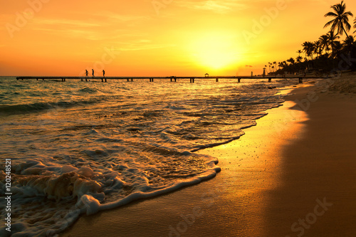 Fototapeta Naklejka Na Ścianę i Meble -  Caribbean sea beach sunset with palm trees.