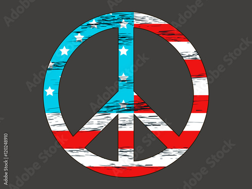 Peace symbol with the colors of the American flag and stars. Isolated on a black background. Elements grunge style. Vector illustration.