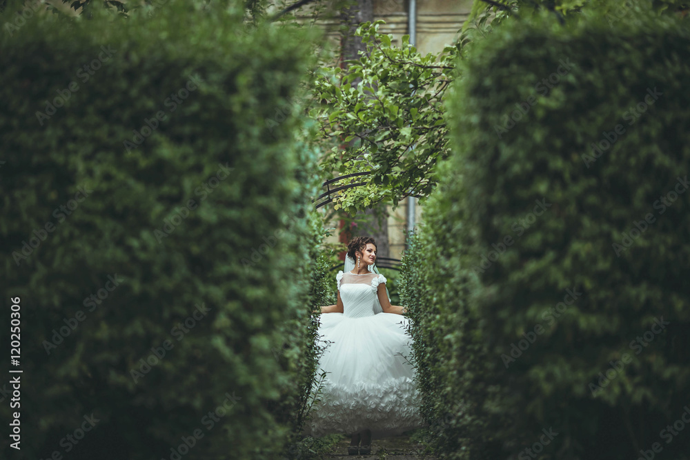 young bride walking in a botanical garden