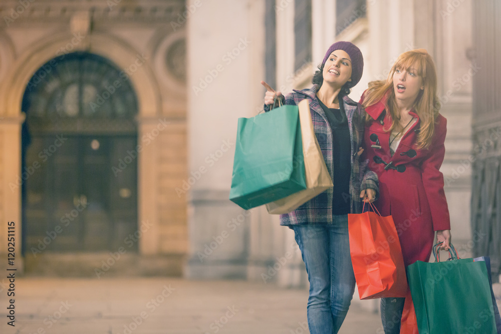 two young woman shop during christmas time in a cityscape two young woman shop during christmas time in a cityscape