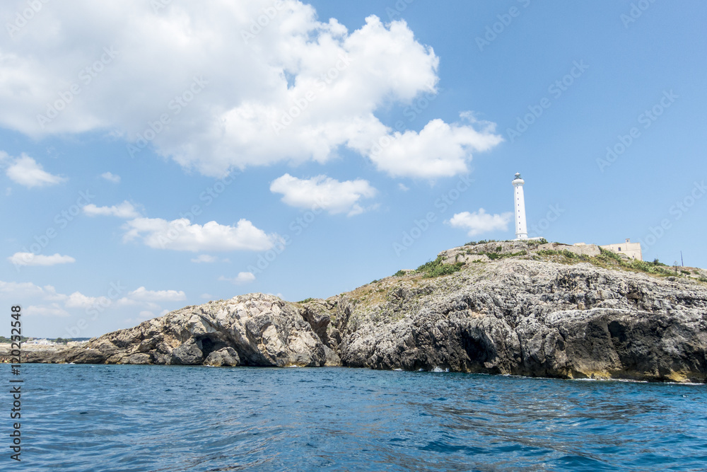 Santa Maria di Leuca iconic lighthouse from the sea in Salento,