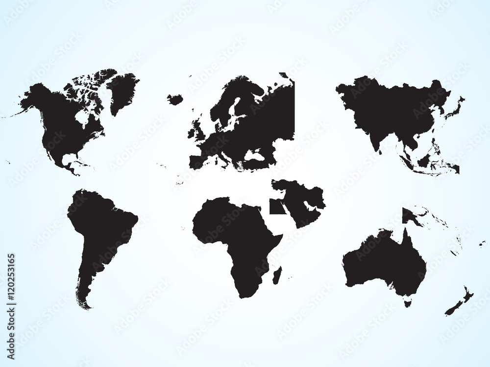 The continents of the planet earth. Asia, Europe, Australia, Middle East, Africa, North America, South America. Silhouette of the continent. Geographical location. Education.