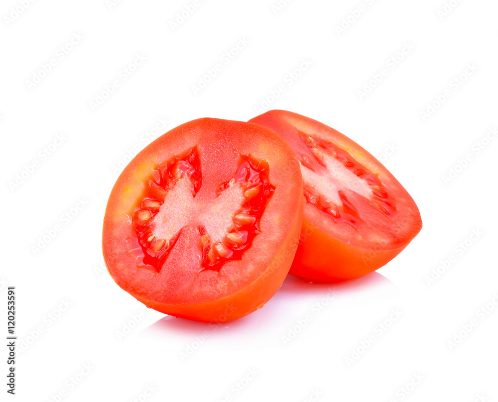Half of fresh tomatoes with drops isolated on white background. Half of fresh tomatoes with drops isolated on white background.