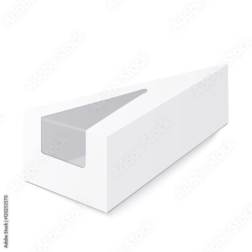 White triangle Cardboard Cake or pie Box for one piece. Packaging For Food, Gift Or Other Products. On White Background Isolated. Ready For Your Design. Product Packing Vector EPS10