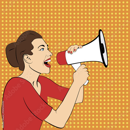 Pop art girl with megaphone. Woman with loudspeaker.Girl announcing discount or sale.Shopping time.Protest, meeting, feminism, woman rights, woman protest, girl power. Pop art background,Special offer