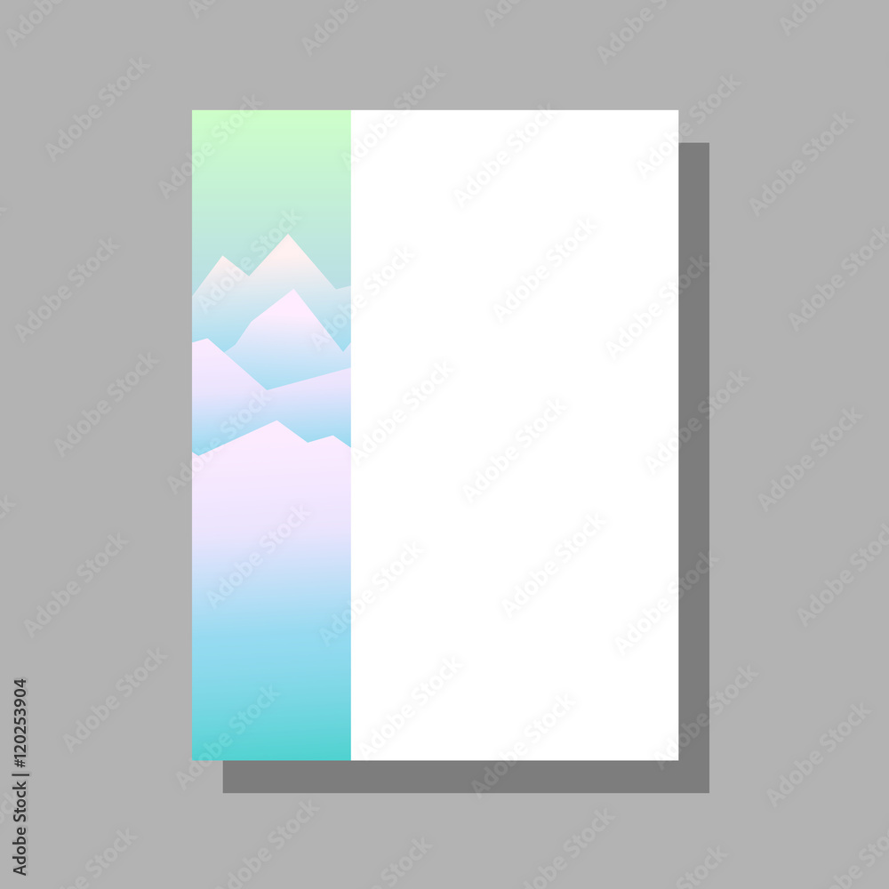 Vector template for poster, flyer, banner, card for a travel agency or a sports shop. Image of snowy mountains in the mist. Template with mountain background Vector template for poster, flyer, banner, card for a travel agency or a sports shop. Image of snowy mountains in the mist. Template with mountain background