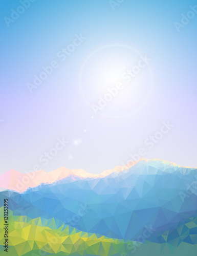 Geometric polygonal mountain landscape. Vector background of polygonal low poly mountain view. Highlands landscape  vector background for flyer  advertising  banner  ads  poster