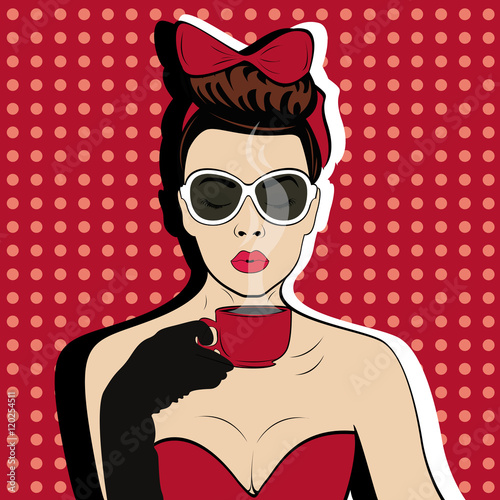 Girl with Cup of coffee pop art retro style. Restaurants and coffee shops. A hot beverage.