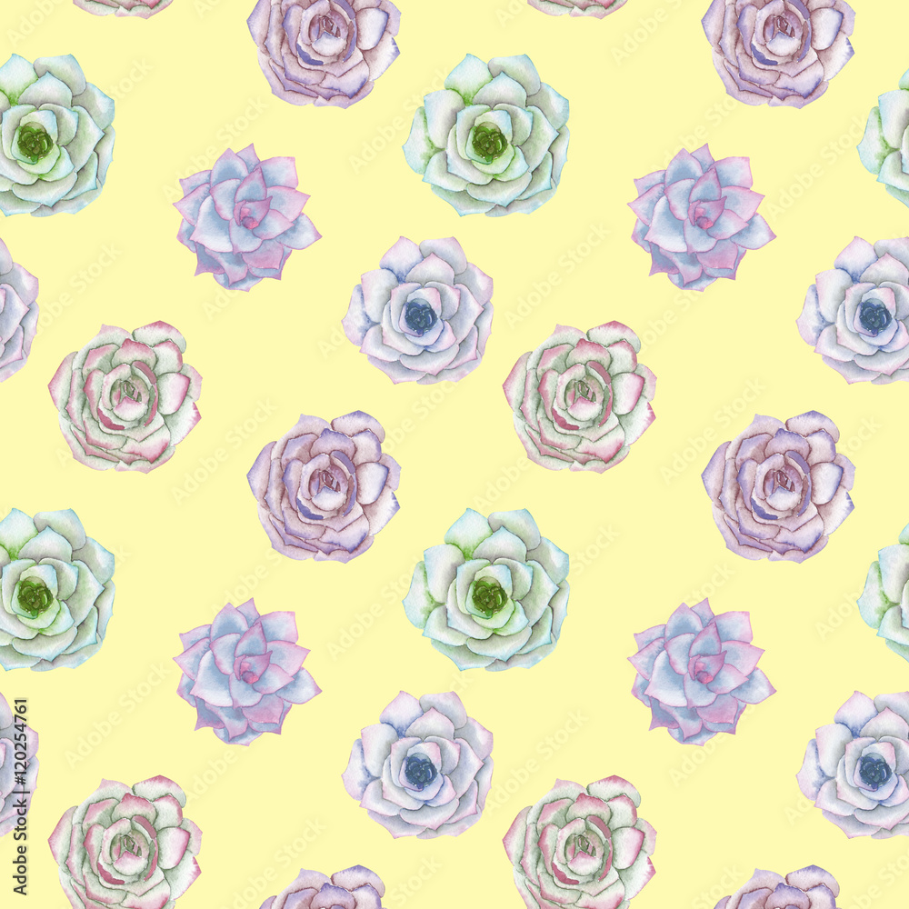 Seamless pattern with the watercolor tender mint and purple succulents, hand drawn on a yellow background
