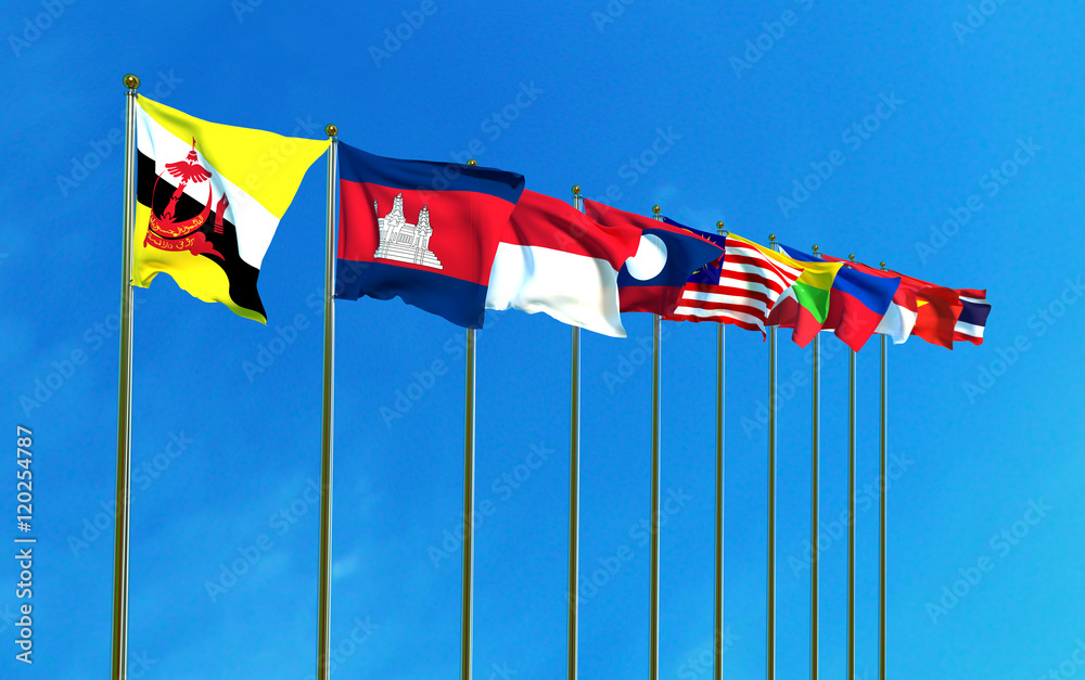 Asean Economic Community flags on the blue sky background. 3D illustration Asean Economic Community flags on the blue sky background. 3D illustration