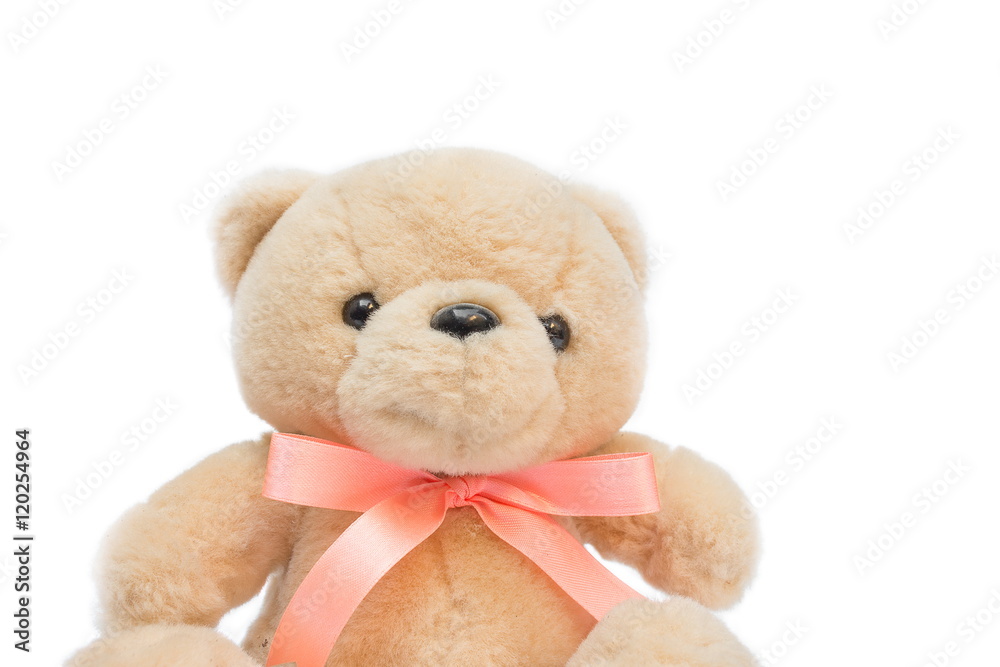 Fototapeta premium Dolly Brown teddy bear with a ribbon on white background