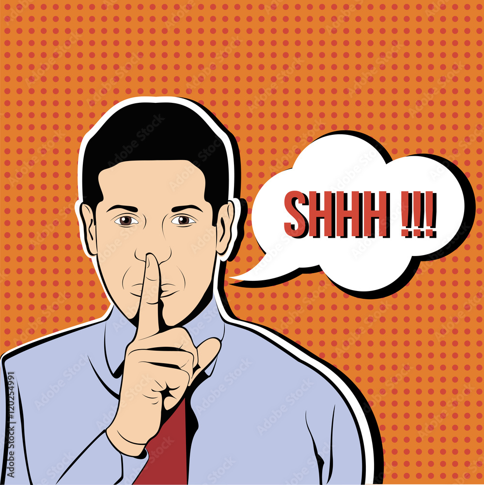 Businessman silent quiet gesture with finger. Man asking for silence pop  art illustration Stock Vector | Adobe Stock