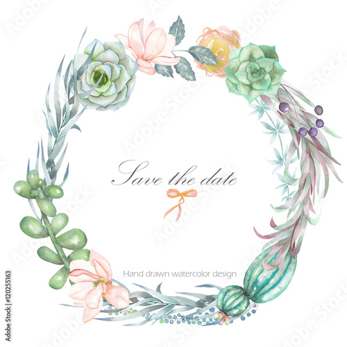 A circle frame, wreath, frame border for a text with the watercolor flowers and succulents, hand drawn on a white background, a greeting card, a decoration postcard or wedding invitation