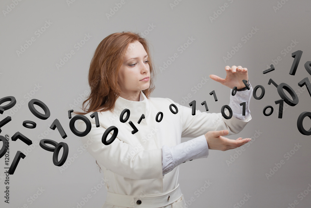 Woman working with binary code, concept of digital technology. Woman working with binary code, concept of digital technology.
