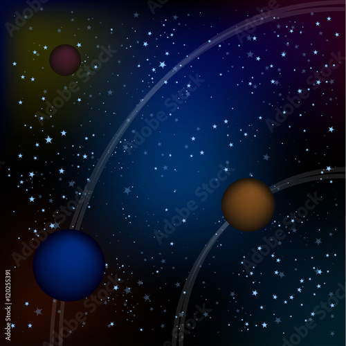 Fototapeta Naklejka Na Ścianę i Meble -  Scifi Space Background For Ui Game Illustration of a beautiful comic starry space landscape with alien moons, asteroids and planet for sci-fi ui game . starry sky with rings of planets.