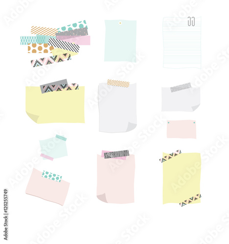 set of multicolor note paper, stickers and  pins. Vector blank reminder paper notes with creative sticker tape. Concept of task, information reminder, notebook, memo list. Flat vector illustration.