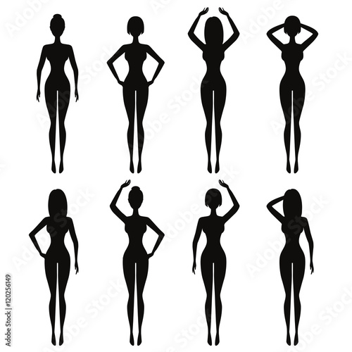 Beautiful fit woman silhouettes in standing poses. Model black lit vector girls shapes isolated on white